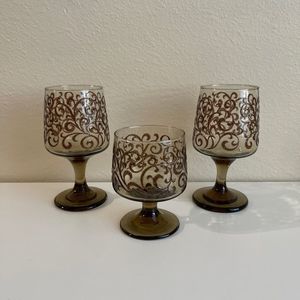 Libbey PRADO 9 Pedestal Brown Tawny Scroll Vintage 1970’s Set Of 3